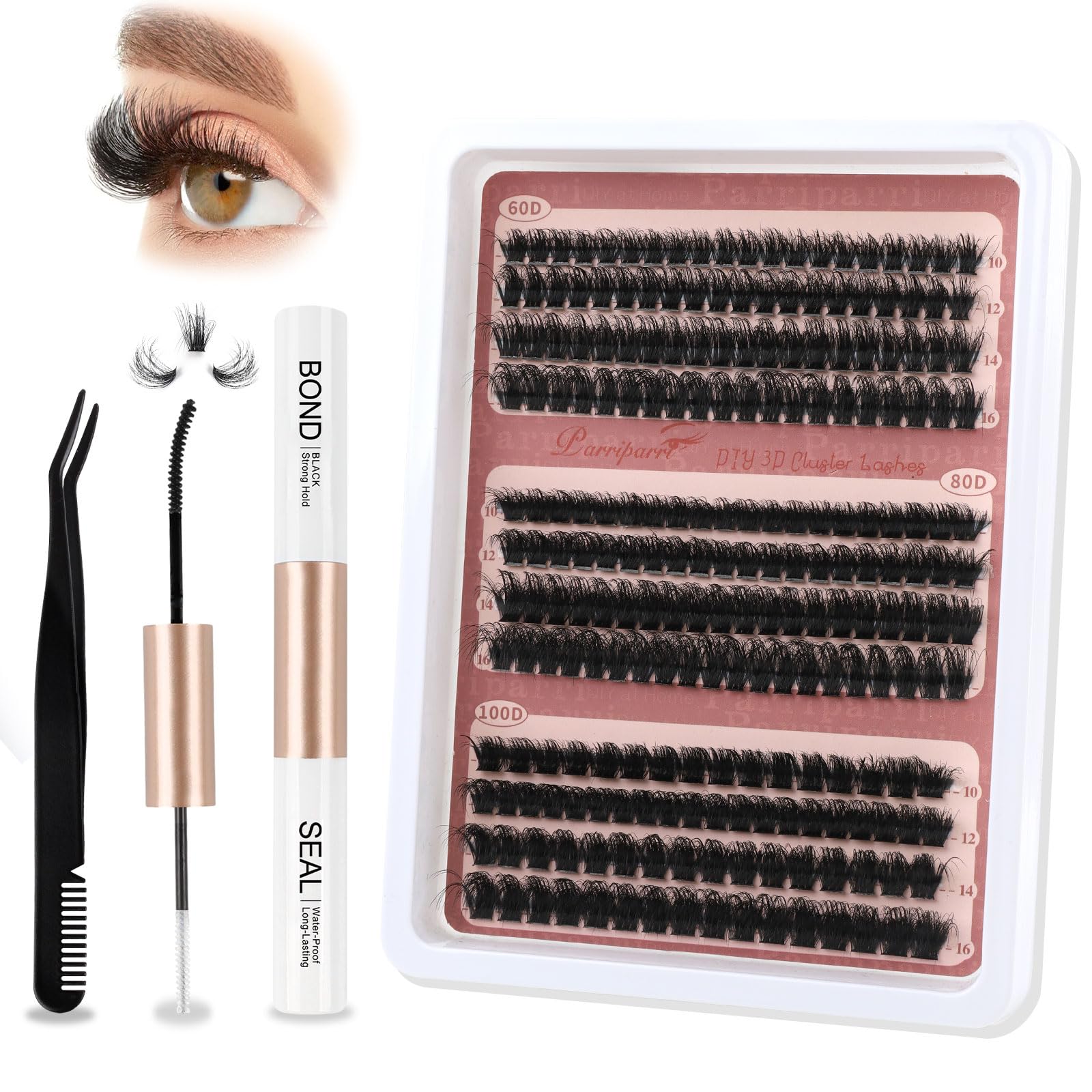 Parriparri Fluffy Cluster Lashes Kit D Curl Volume Individual Eyelashes 240Pcs 60D+80D+100D DIY Eyelashes Extension Kit with Bond &Seal and Tweezers (10-16MM)