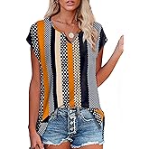 OFEEFAN Women's Cap Sleeve Shirts Casual Summer V Neck Tunic Tops Loose Tshirts Side Slit S-3XL