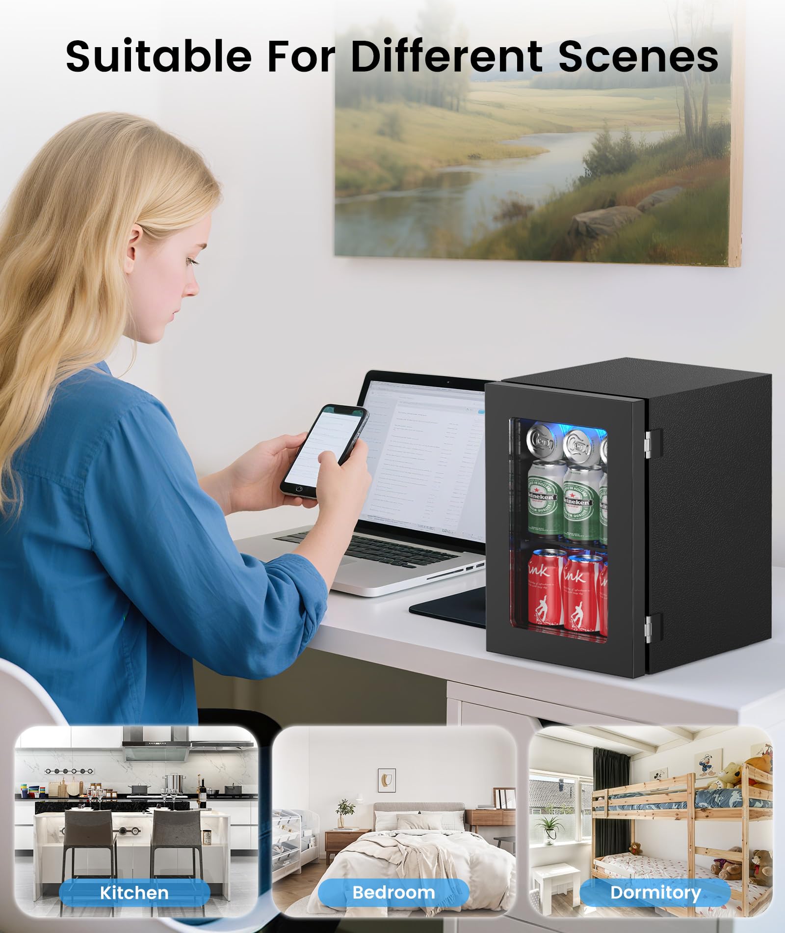 Kismile Mini refrigerador para oficina, enfriador de vino de 18 litros, refrigerador de bebidas pequeño de 0,6 pies cúbicos con control electrónico de temperatura ajustable, luz LED, para dormitorio, oficina