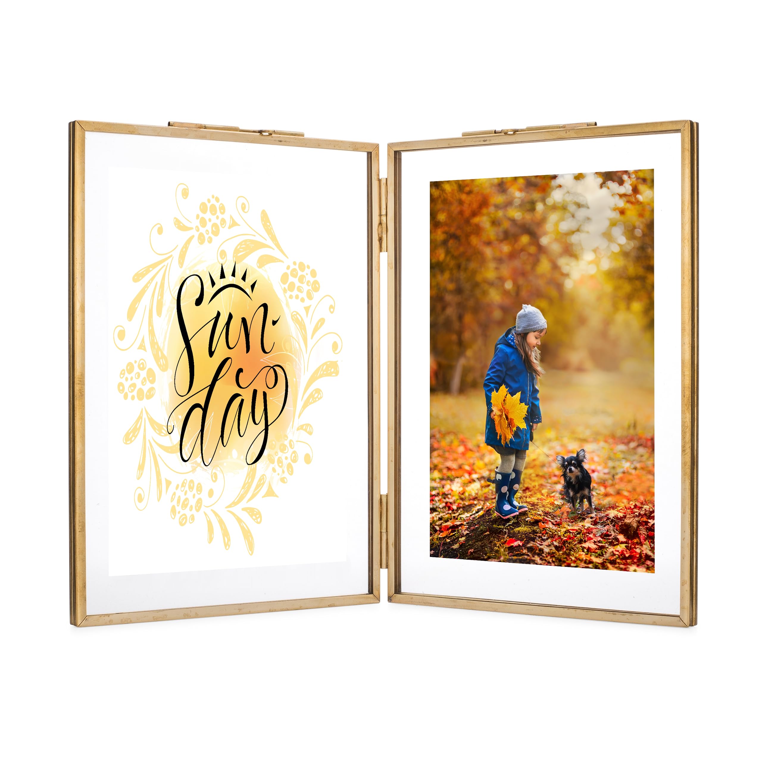 Rising Star Brass Picture Frame, Vintage Double 4x6 Folding Picture Frames, Gold Metal Pressed Glass Photo Frame, Hinged Picture Frame