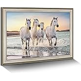 Coastal Horse Canvas Wall Art: Framed Beach Steeds Galloping Prints Large White Elegant Equines Running Picture Seaside Wildl