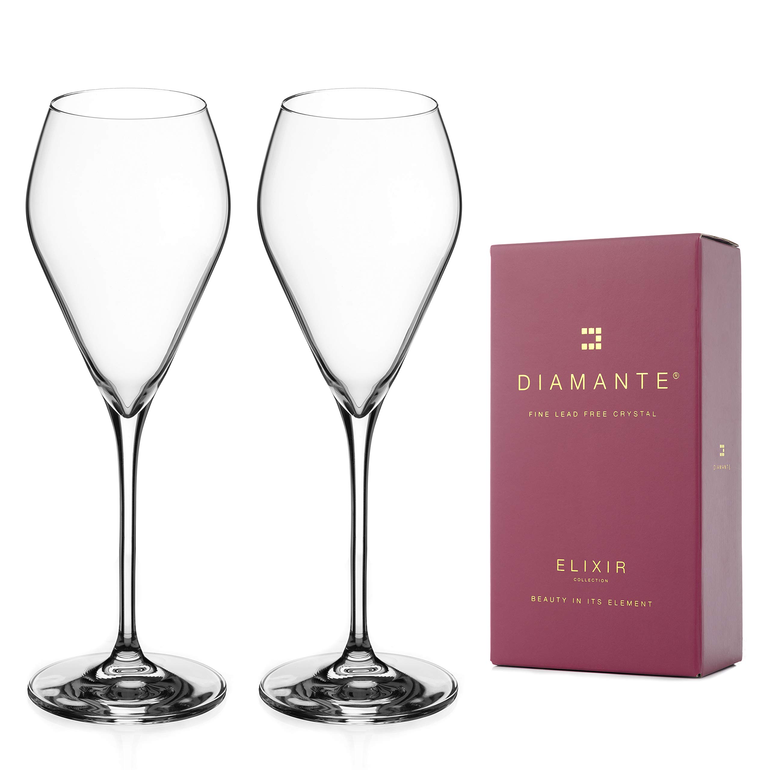 DIAMANTE Prosecco Champagne Flute Glasses - Premium Lead Free Crystal - Set of 2 in Gift Box