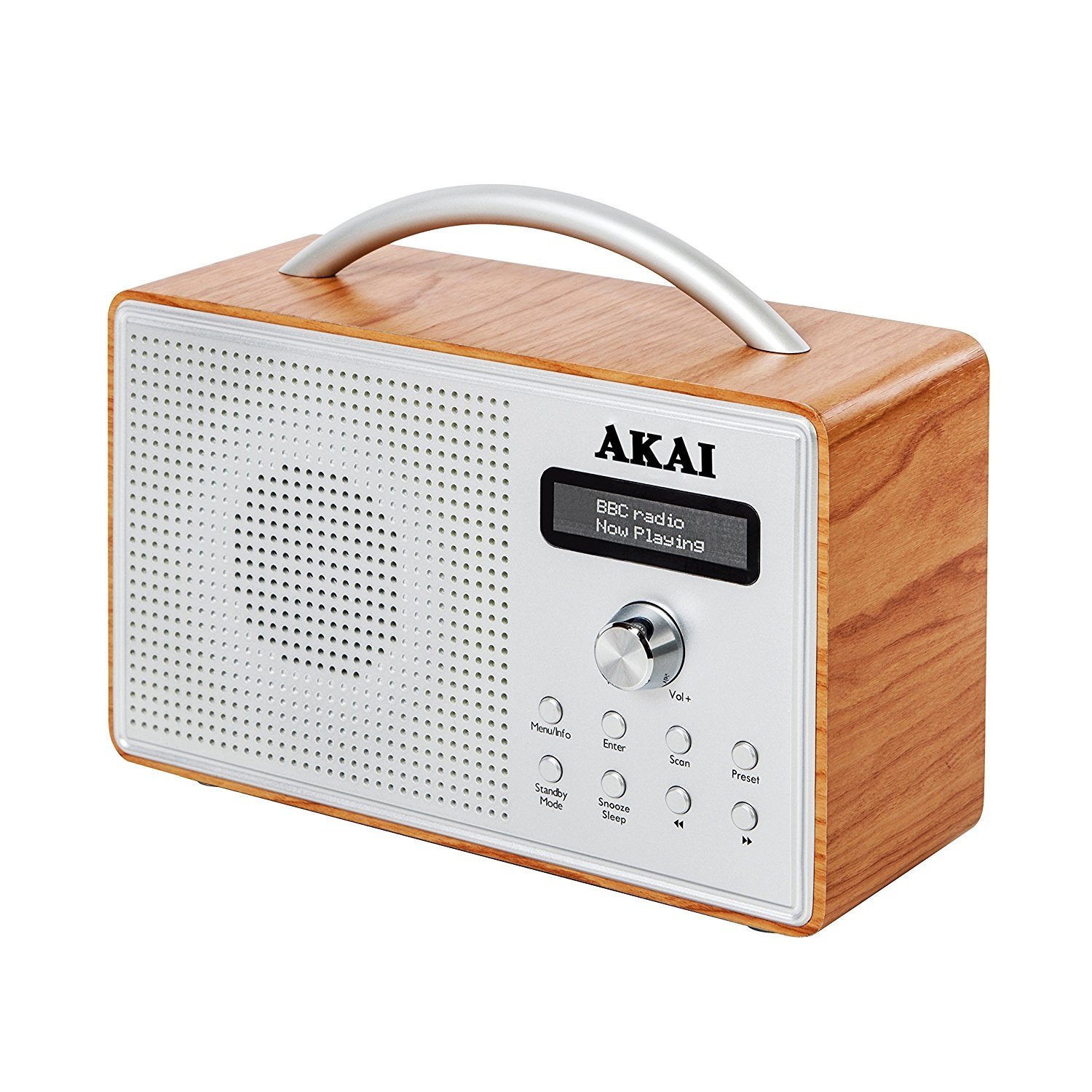 Akai Portable DAB Radio with LCD Screen, Crystal Clear Speaker, 2 Built-In Alarm Clock Settings with Sleep Timer Function, Wood Effect, Oak