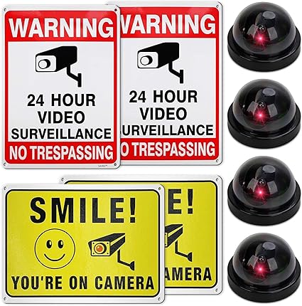 Amazon Co Jp No Trespassing Sign 8個セット ダミーフェイク監視カメラステッカー4枚とネジ付き 建物やオフィス用 屋内 屋外用 文房具 オフィス用品