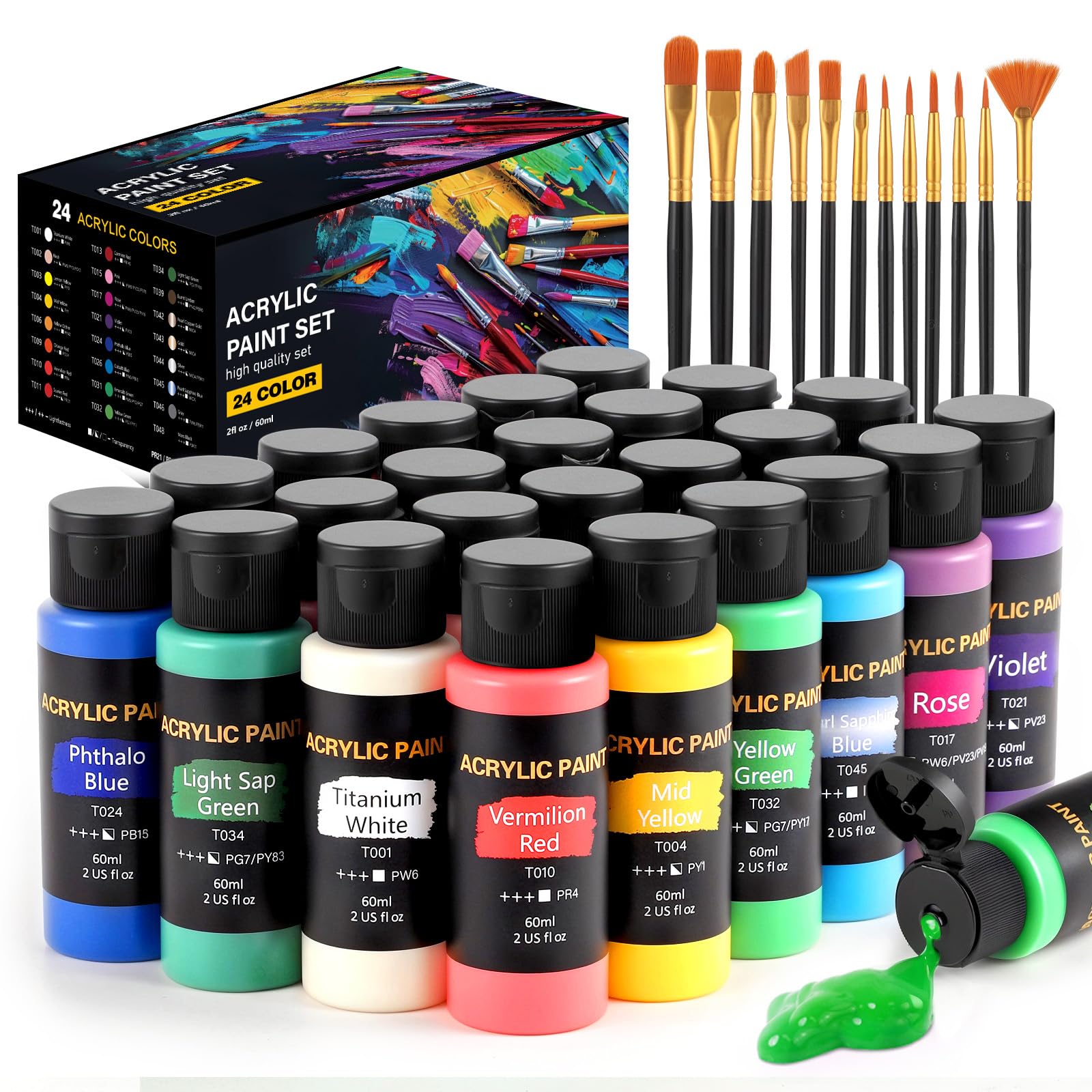Photo 1 of Acrylic Paint Set, 24 Colors (2 oz/Bottle) with 12 Art Brushes, Art Supplies for Painting Canvas, Wood, Ceramic & Fabric, Rich Pigments Lasting Quality for Beginners, Students & Professional Artist