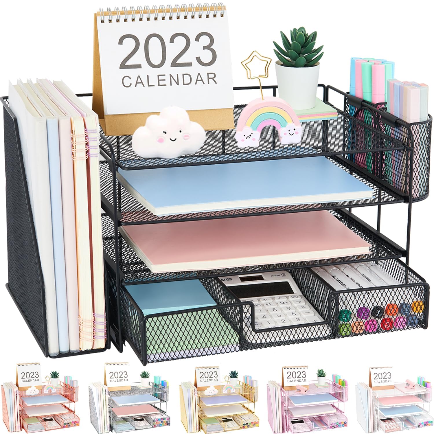 Photo 1 of OPNICE Desk Organizer and Accessories, 4-Tier Desktop File Organizer with Drawer and 2 Pen Holders, Office Desk Accessories for Office Supplies(Black)