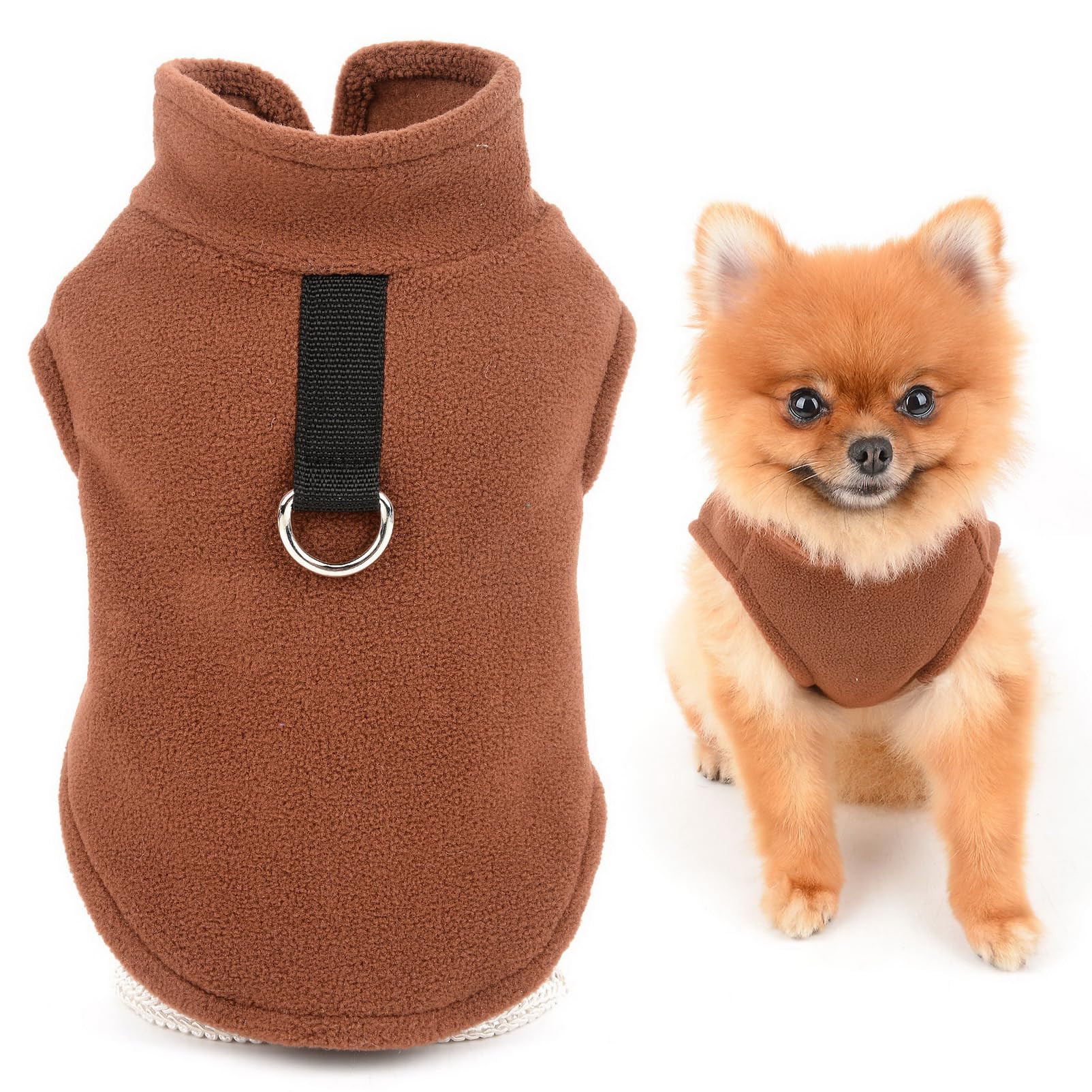 SMALLLEE_LUCKY_STORE Solid Color Puppy Fleece Vest Jumper Pullover Sweater with Leash Ring for Small Dog Cat Yorkie Chihuahua Kitten Warm Fall Winter Clothes,Brown,XXL