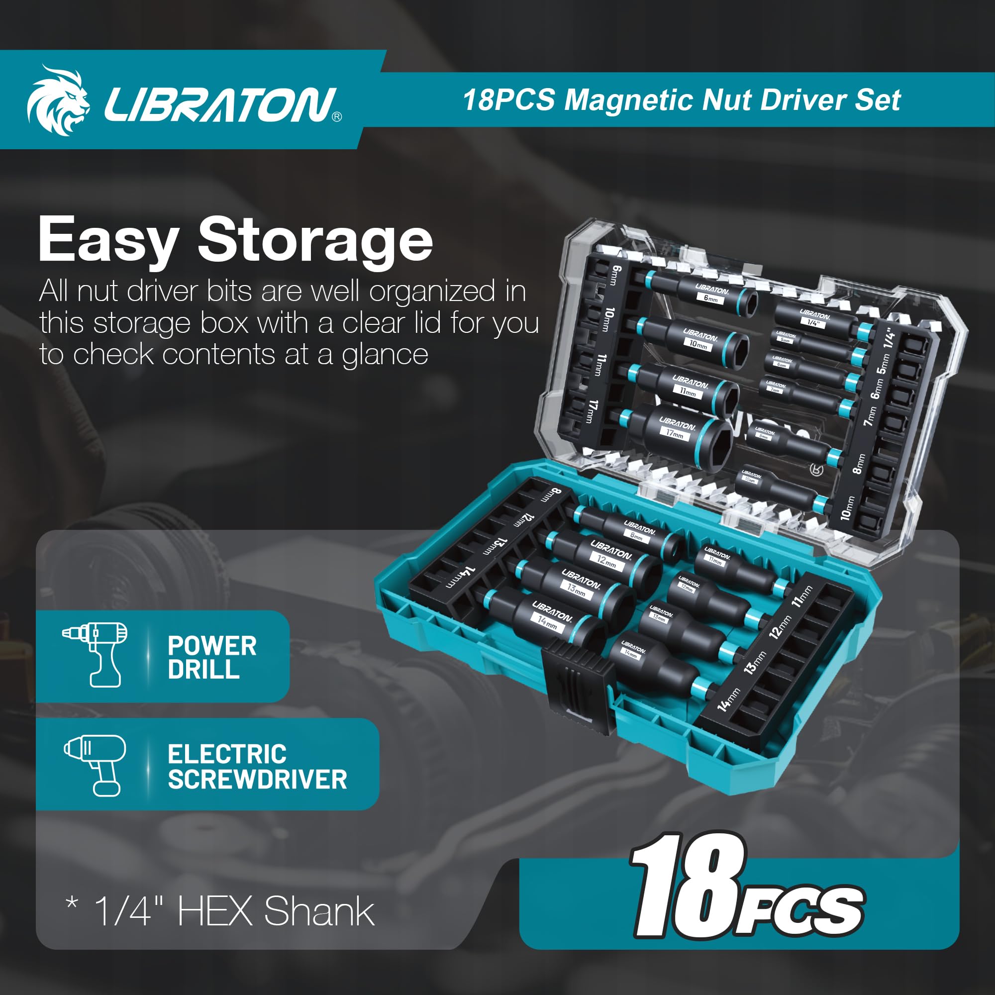 LIBRATON 24 Magnetisches Steckschlüssel-Set, Schlagbohrschrauber-Bit-Set 1/4 Zoll, Metrische und SAE Magnet Stecknuss für Schlagbohrmaschinen, Stecknuss Adapter, Bithalter, Bohrer, mit Werkzeugkasten 8