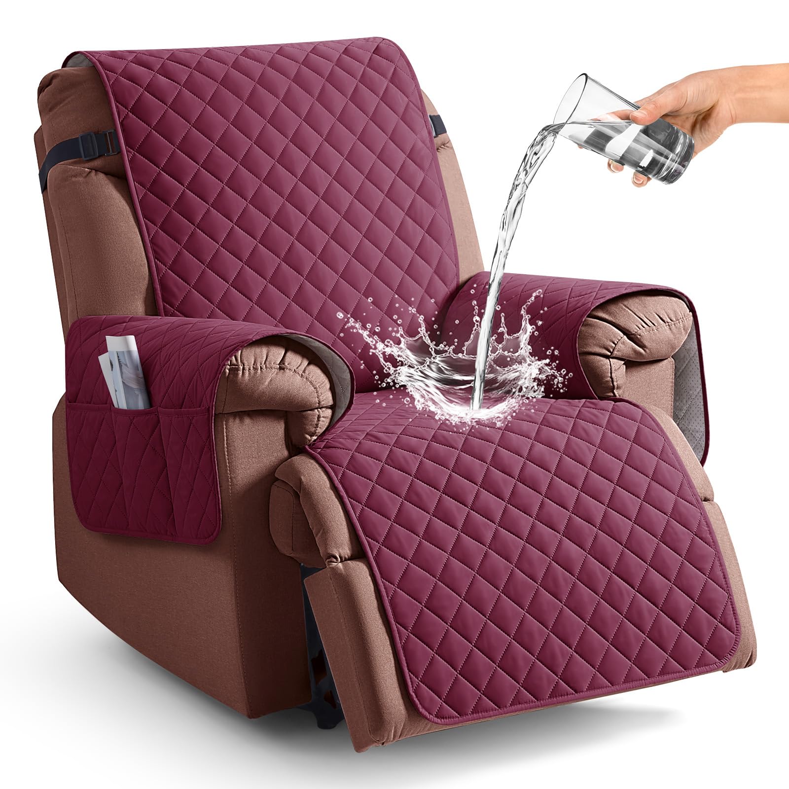 Photo 1 of KinCam 100% Waterproof Recliner Chair Cover, Reclining Couch Covers for Pets, Dogs, Recliner Couch Slipcover Furniture Protector with Elastic Straps for Kids(23.6", Burgundy)