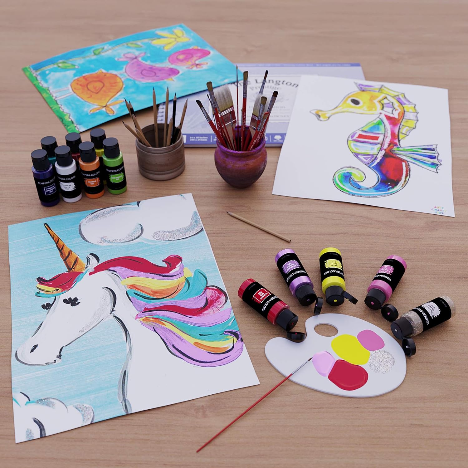 Zenacolor - Tempera Paint for Kids and Toddlers - Set of 40 x 60ml - Matte Color, Neon, Glitter, Fluorescent, Metallic Paints - Paper, Cardboard with Paint Brush, Hand, Finger Paints - Non Toxic: Home Improvement