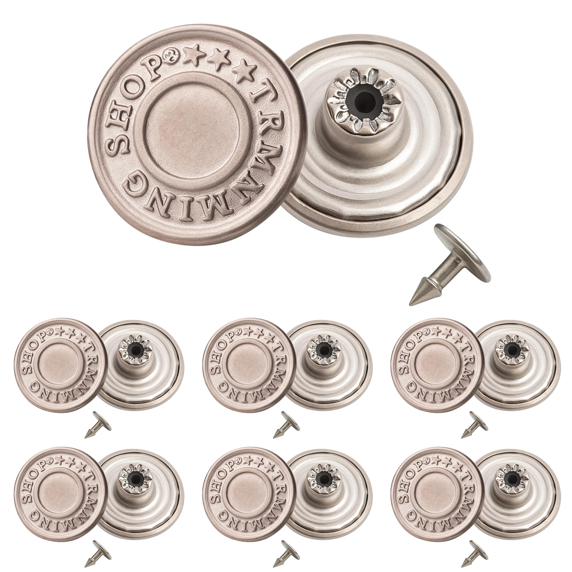 Trimming Shop 17mm Brass Jeans Button, Durable Tack Fastener Buttons with Aluminium Back Pins Rivet for Clothing Repairing, Denims, Jackets, Skirts, Matt Silver, 20pcs Set