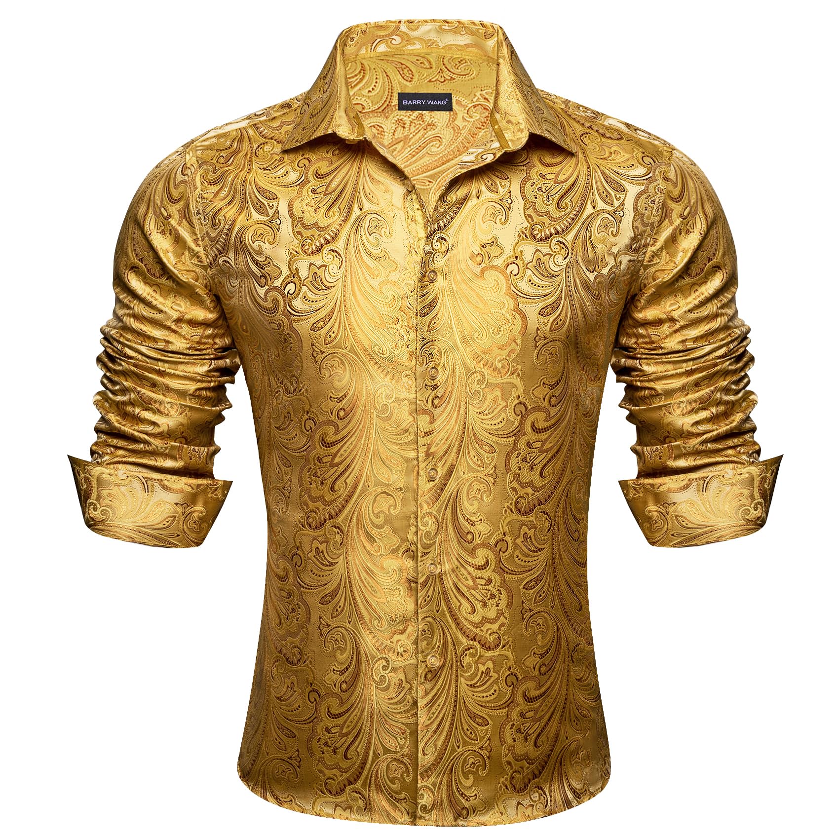 Barry.Wang Gold Shirts for Men Paisley Silk Disco Party Button Down Dress Shirt Long Sleeve Victorian Cowboy Western Casual Image
