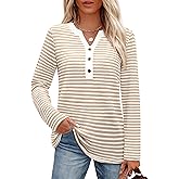 Uhiger Striped Long Sleeve Shirt Women Waffle Knit Tops V Neck Shirts Womens Blouses Basics Clothing Cruise Outfit