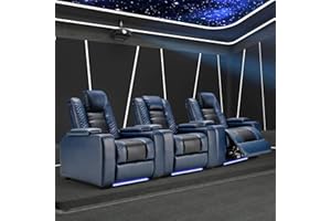 ANJ Power Home Theater Seating Recliner Chairs Set of 3, PU Leather Recliner & Cup Holder, Electric Movie Theater Reclining Chairs with Adjustable Headrest, Blue LED, Hidden Arm Storage (Black-Blue)