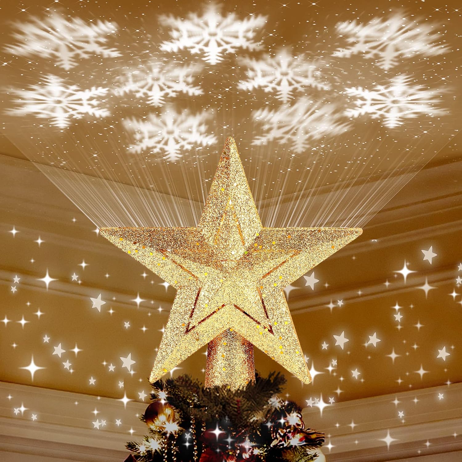 Tree Toppers - Christmas Tree Topper, Star Tree Topper, Lighted Star with 3 Mode Rotating Snowflake LED Projector, 3D Hollow Glitter Lighted Gold Tree Topper for Tree Toppers Christmas Decorations
