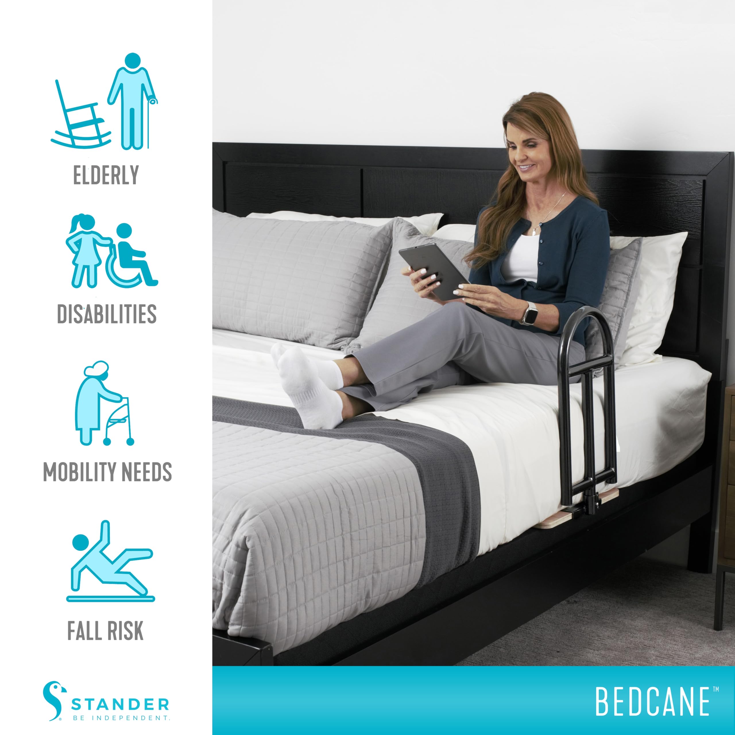 Stander BedCane, Adult Bed Rail and Support Handle, Bedside Safety Elderly Stand Assist with Organizer Pouch, ASTM Safety Approved Bedrail