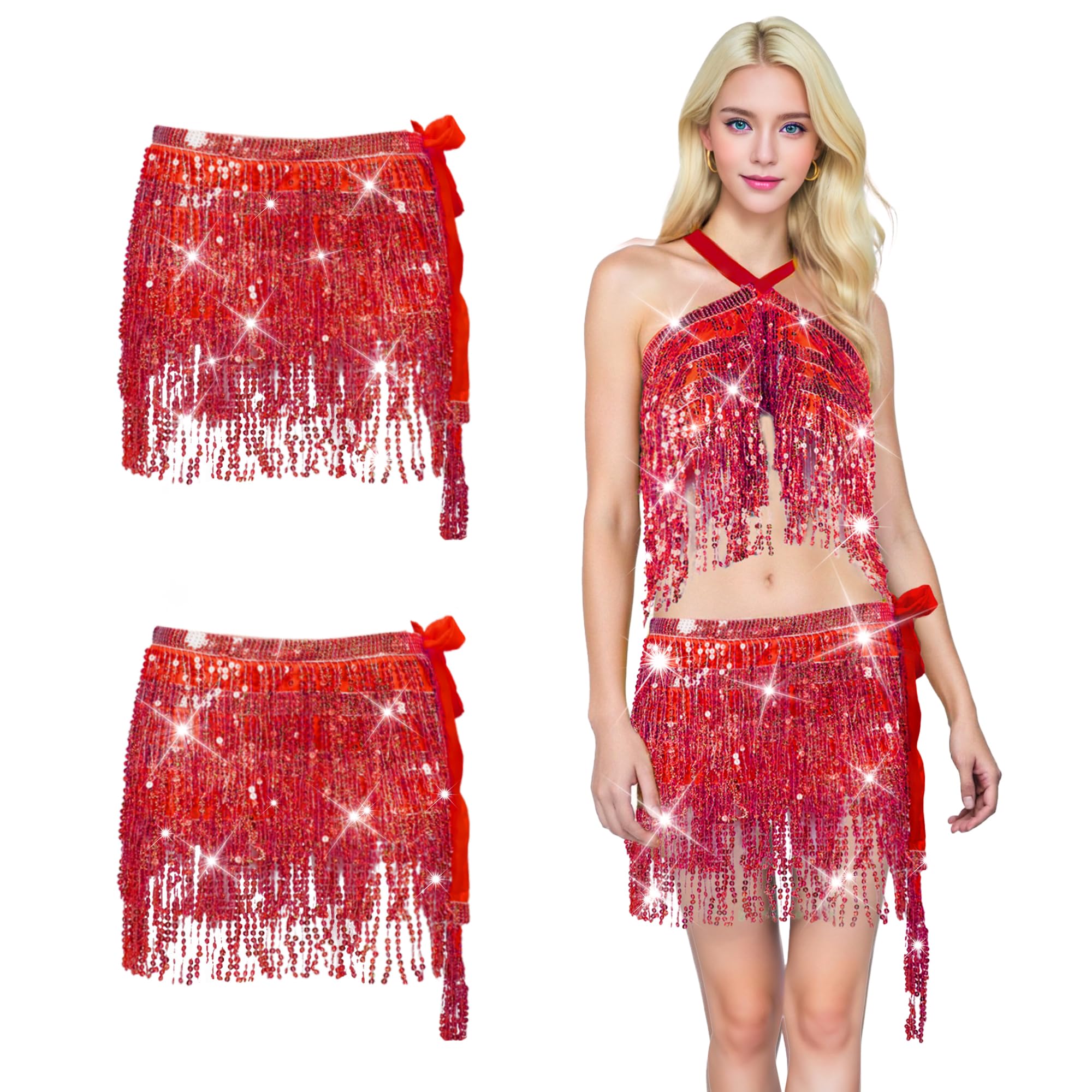 Baisdan 2 Pack Sequin Tassel Skirt for Women Girls - Sparkly Sequin Skirts Festival Outfit, Carnival Costumes (Waist/Bust Under 31.5") Red — image 1