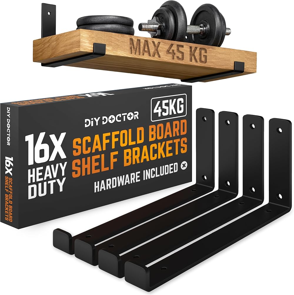 DIY Doctor Heavy-Duty Scaffold Board Shelf Brackets Set of 16 23.5cm Black
