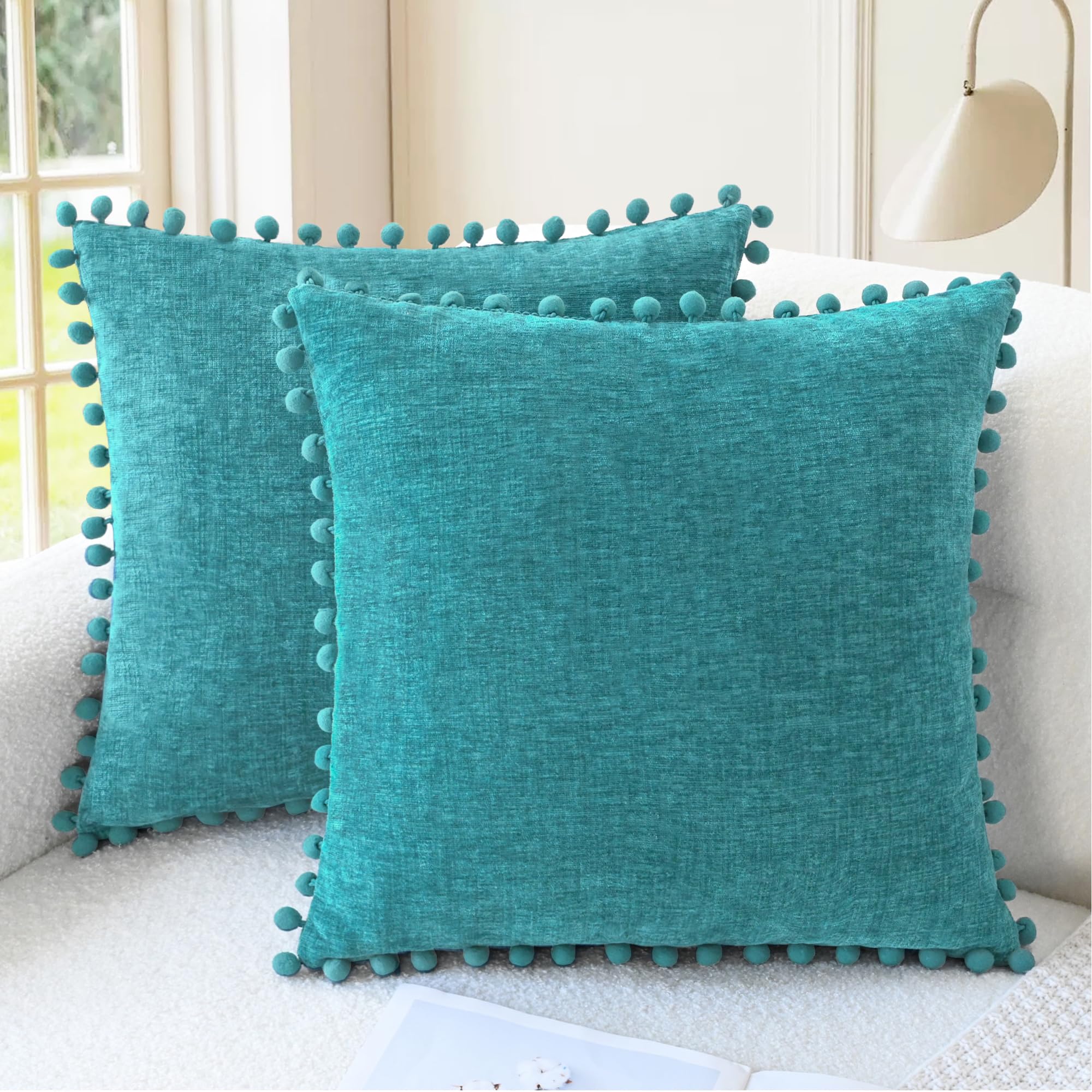 CaliTime Throw Pillow Cases Pack of 2 Cozy Solid Dyed Soft Chenille Cushion Covers with Pom Poms for Couch Sofa Home Decoration 40cm x 40cm Lake Blue — image 1