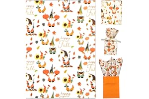 LIAPAWPAW Fall Tissue Paper Bulk, Orange Gift Tissue Paper for Gift Bags & Gifts Wrapping, Gnomes Pumpkin Leaves Print Art Packaging for Autumn Harvest Thanksgiving Party Decor Craft 30 Sheets 20x14in