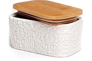 25DOL Butter Dish with Airtight Bamboo Lid for Countertop & Fridge - Ceramic Butter Dish Keeper with Nature-Inspired Engraving