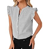 Vrtige Women's Dressy Striped V Neck Button Down Ruffle Cap Sleeve Summer Blouse Shirt Top Black Small
