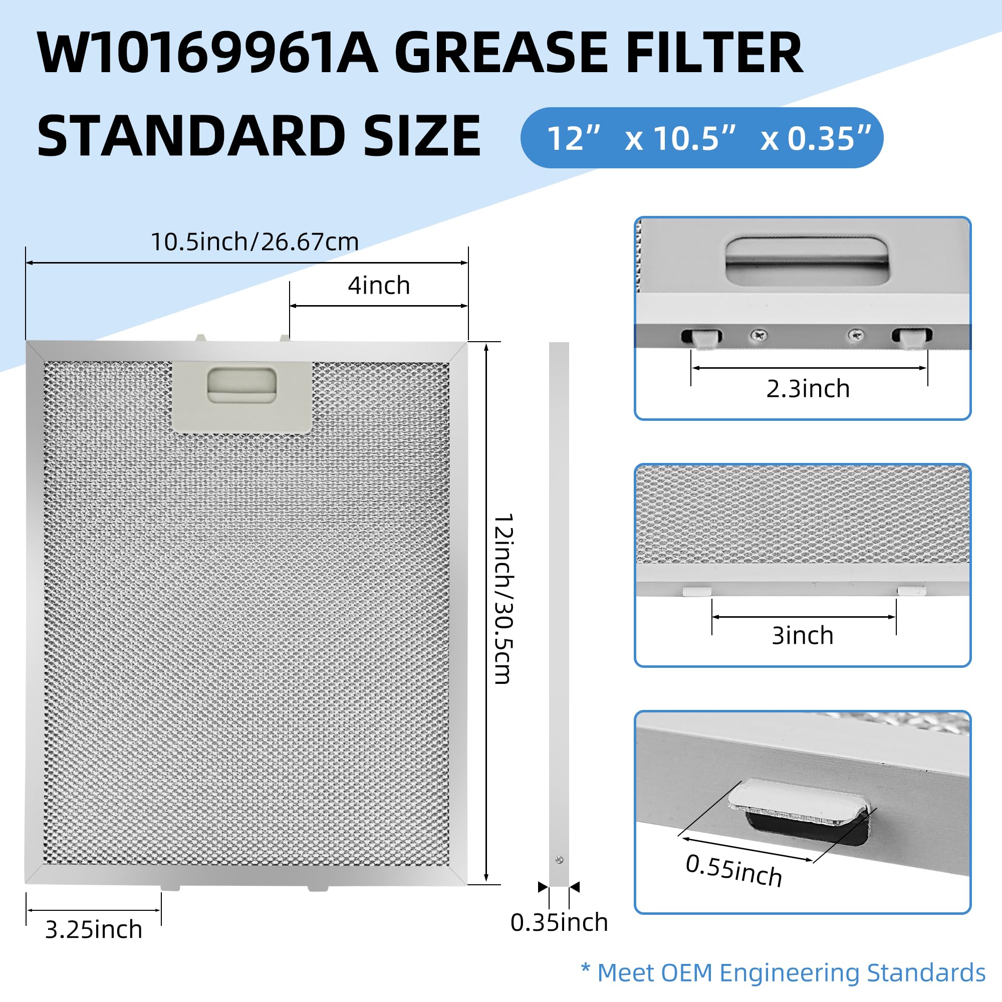 2PC W10169961A 10.5 x 12 in Range Hood Filter Aluminum Range Hood Vent Filter Compatible with Whirl.pool Ik.ea Kitchen.Aid Jenn.Air Range Hood