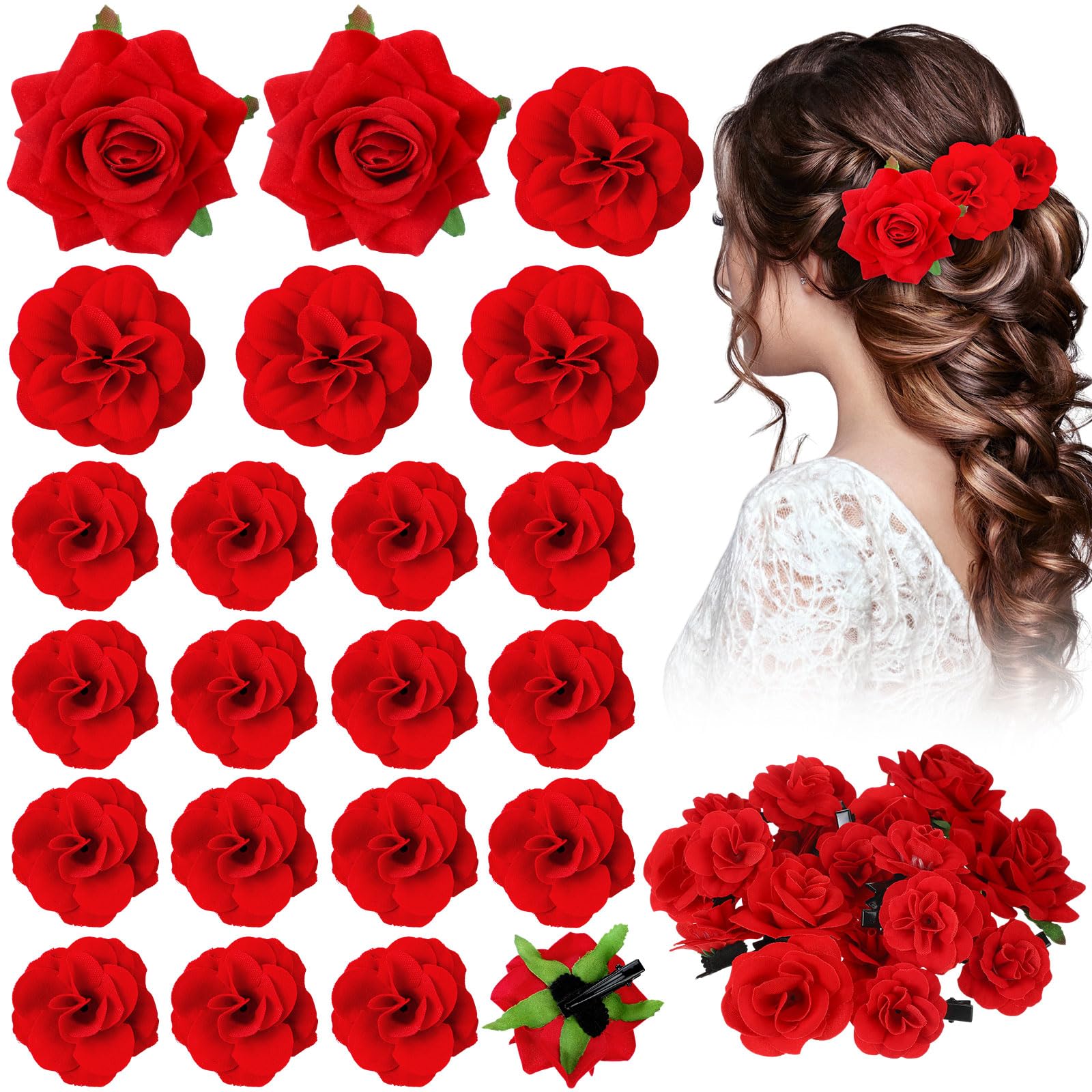 Photo 1 of BBTO 21 Pieces Flower Hair Clip Rose Hair Clips Hair Barrettes for Women Flower Hair Accessories Boho Bride Claw Clip Hairpin Brooch Pin Headpiece for Wedding(Red,Large, Medium, Small)
