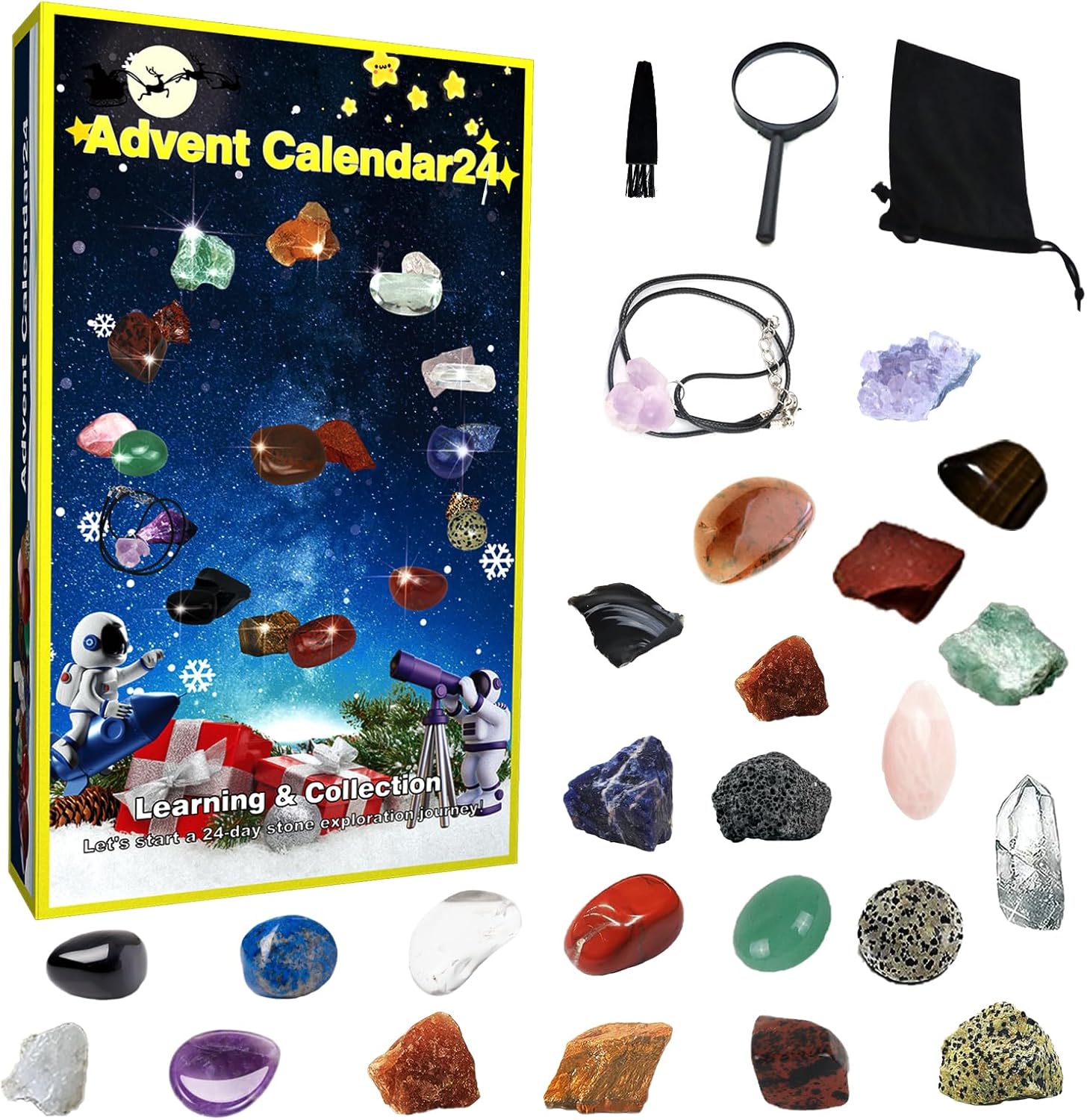 Advent Calendars - Rock Collection Advent Calendar 2023 - Advent Calendar for Kids with 24 Gemstones, Minerals or Fossils for Kids, Complete Gem & Crystals Collection with Magnifying glass Christmas Countdown Calendar for Girls Boys