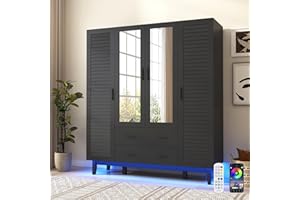 jiteentarou 4 Door Armoire Wardrobe Closet Cabinet with Drawers and LED Lights, Multi-Tier Shelves, Hanging Rod & Louver Doors, Large Capacity Storage Wardrobe Armoire for Bedroom(4 Doors Black)