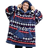 Giggling Getup Wearable Blanket Hoodie for Adults Gifts for Teen Girls Sister Women Sherpa Fleece Printed Hooded Blanket Sweatshirt Warm Cozy with Pocket & Sleeves Blue Christmas Nordic