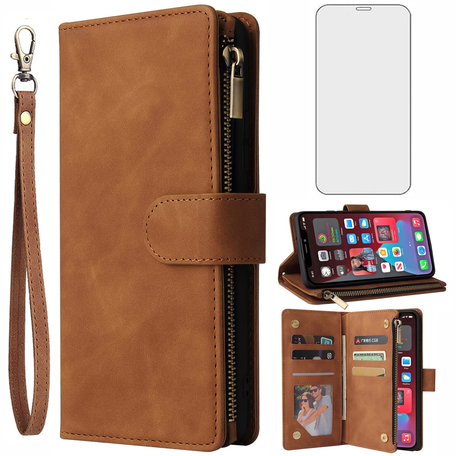Asuwish Compatible with iPhone 11 Pro Max 6.5 Wallet Case Tempered Glass Screen Protector and Leather Flip Cover Card Holder Stand Cell Phone Cases for iPhone11 11pro Promax i XI Plus Women Men Brown
