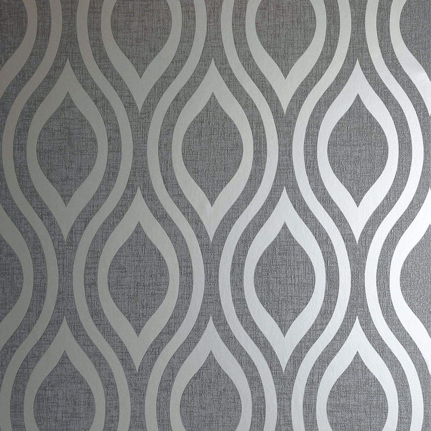 Arthouse | Luxe Ogee Gunmetal Silver Wallpaper | Geometric Metallic Wallpaper for Modern Interiors | Textured Blown Vinyl Wallcovering | Covers Imperfections | Paste The Paper | 1005 x 53cm