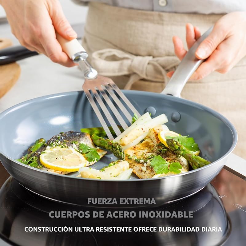 Treviso Juego de 2 Sartenes de Cerámica Antiadherente Sana y Acero Inoxidable de 24 y 28 cm, Sin PFAS, Aptas para Inducción, Horno, Lavavajillas, Plata — foto 6 de 8