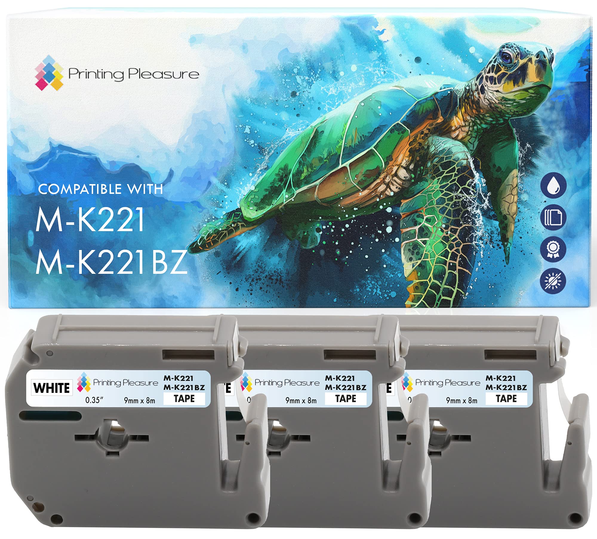Printing Pleasure 3X M K221 Black on White (9mm x 8m) Label Tapes Compatible with P-Touch PT-80 PT-90 PT-100 PT-110 PT-55S PT-65 PT-70 PT-70HOT PT-70SP PT-70SR PT-85 Label Printing Machines