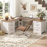 Vabches Wood L Shaped Executive Desk with 6 Drawers, Farmhouse Home Office Desk with Power Outlets and Triangle Under-Desk Storage Shelf &amp; Drawer File Cabinet, Corner Computer Desk, Brown