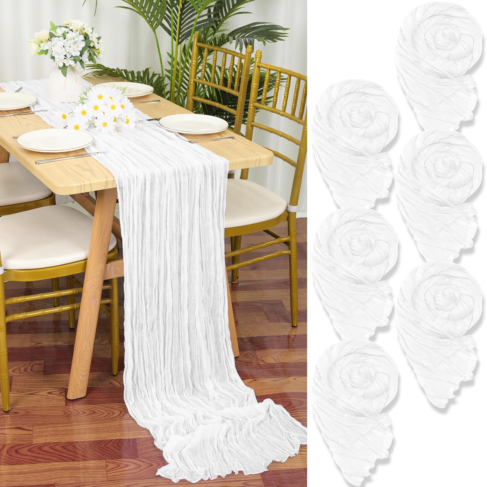 YMHPRIDE 6 Packs Cheesecloth Table Runner White, 55x300cm Rustic Gauze Fabric Boho Table Runner, Cheesecloth Wedding Table Decor for Wedding Party Bridal Shower Table Decorations — image 1