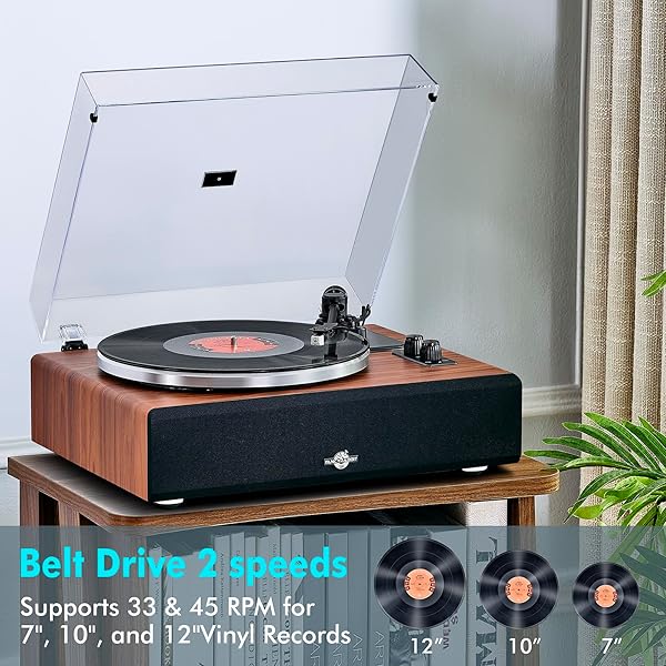 VINYL RECORD PLAYER WITH SPEAKERS,HIGH FIDELITY TURNTABLES FOR VINYL RECORDS WITH MAGNETIC CARTRIDGE AT-3600L,BLUETOOTH PLAYBACK BUILT-IN PHONO PREAMP,BELT DRIVE 2-SPEED (HP-H2410)
