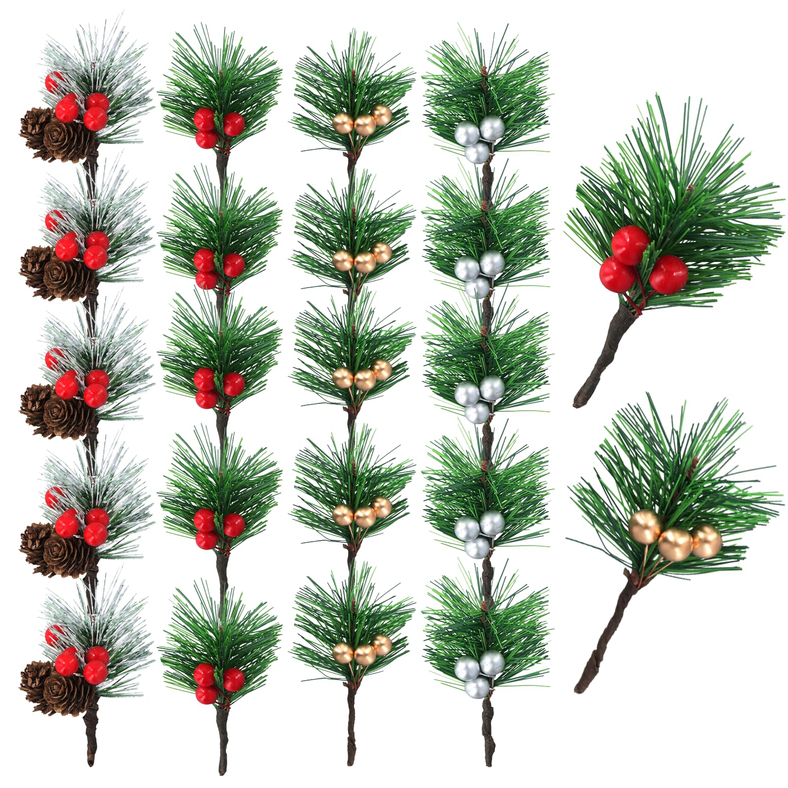 volumoon 20Pcs Artificial Pine Picks with Berries,Christmas Pine Needles,Faux Pine Needles with Red Berries Pine Cones,Christmas Artificial Pine Cones Bouquets,for Christmas Wreaths Flower Gift Decor