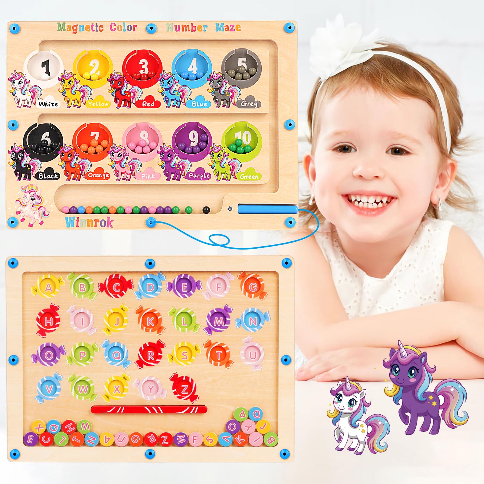 Photo 1 of 2 in 1 Double Side Magnetic Color and Number Maze, Alphabet Board Aged 1-3 Unicorn Toys, Montessori Magnet Puzzle Learning Counting Matching Gifts for Toddlers Kids Girls Boys 3 4 5 Year Old Christmas