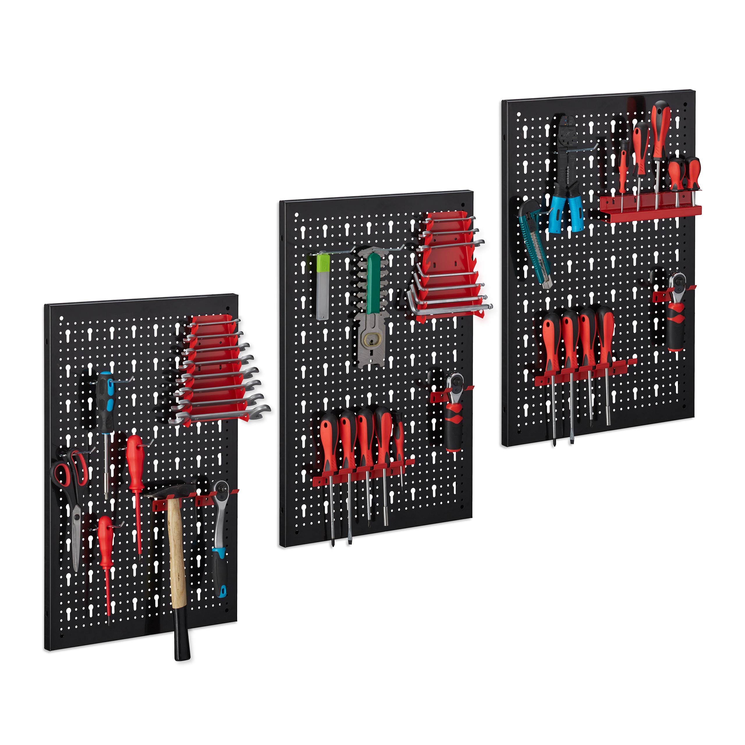 Relaxdays Tool Holder, Peg Board, 3 Part, 17-Piece Set, Accessories, each HxD: 60 x 39 cm, Garage, Mounted, Black/Red