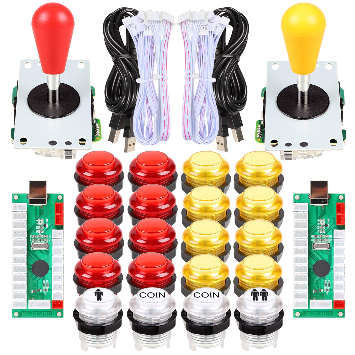 EG STARTS 2 Player LED Arcade DIY Parts 2X USB Encoder + 2X Ellipse Oval Style Joystick + 20x LED Arcade Buttons for PC MAME Raspberry Pi Windows System (Red & Yellow Kit)