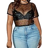 WDIRARA Women's Plus Size Glitter Sequin Short Sleeve T-Shirt Sheer Mesh See Through Tee Top