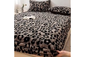 Lajeri Leopard Print Velvet Fitted Sheet, Soft Fleece Bed Sheet Mattress Protector Cover with 10'' Deep Pocket, Breathable Be