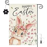 Baccessor Happy Easter Garden Flag 12.5 x 18 Inch, Double Sided Burlap Pink Bunny Rabbits Floral Farmhouse Small Yard Flag Seasonal Holiday Spring Easter Outdoor Decor