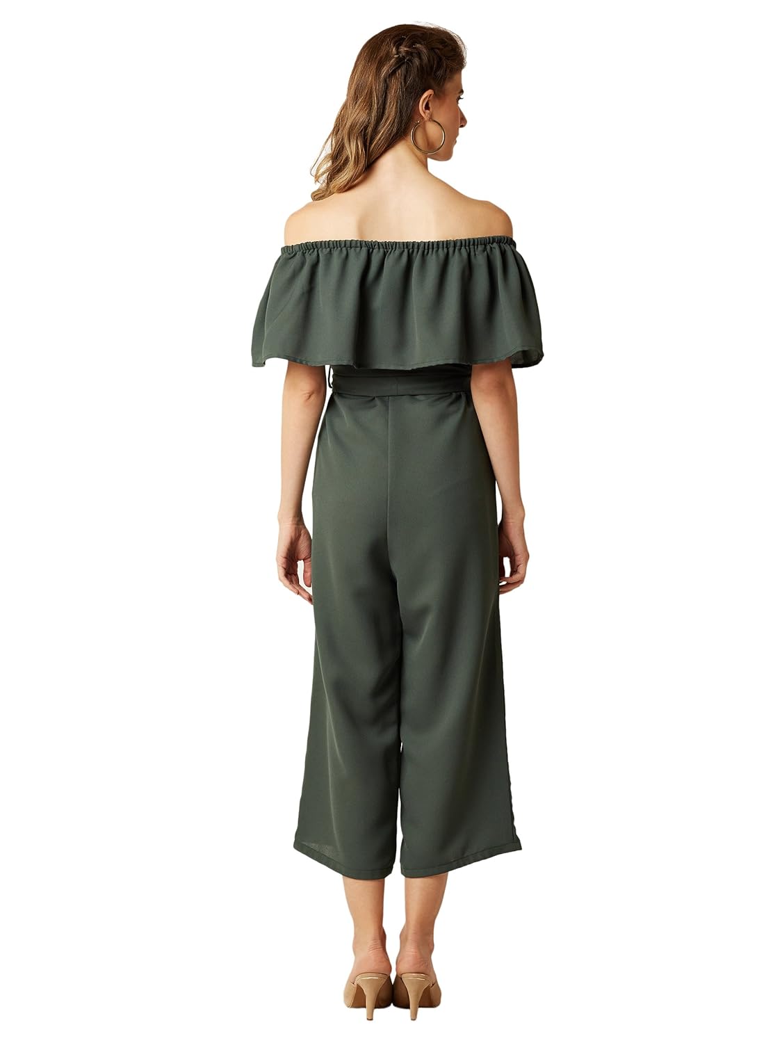 miss chase women's green off-shoulder tie-up midi jumpsuit