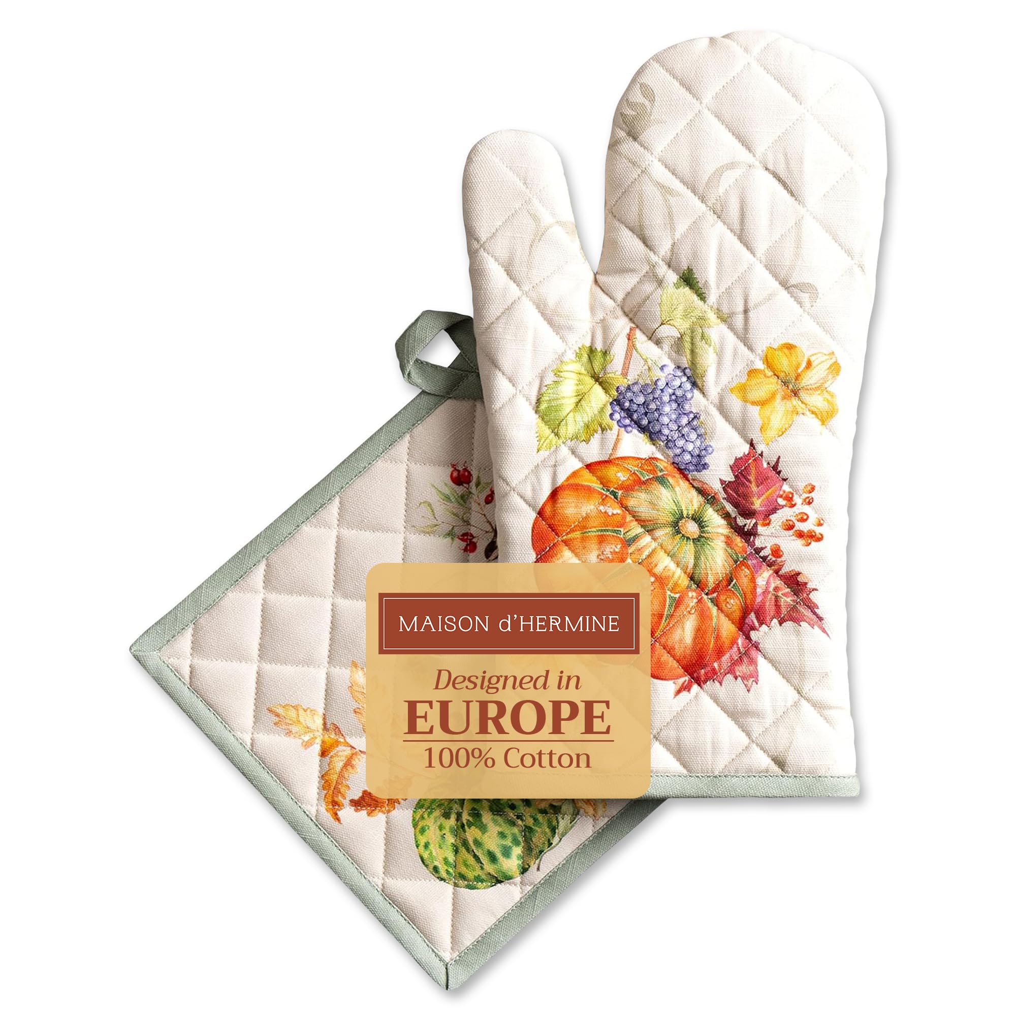 Maison d' Hermine 100% Cotton Oven Mitt & Pot Holder Set (19 x 33 cm & 20 x 20 cm) Heat Resistant BBQ Cooking Gloves with Loop for Christmas Decorations Baking Handling Hot Pans (Lumina)