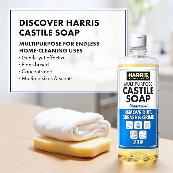 HARRIS MULTI-PURPOSE PURE CASTILE SOAP, MADE WITH OLIVE, COCONUT, AND PINE TREE OIL, USES FOR FACE, BODY, HAND, HAIR, HOME, DISHES, AND LAUNDRY, PEPPERMINT, 32 FL OZ