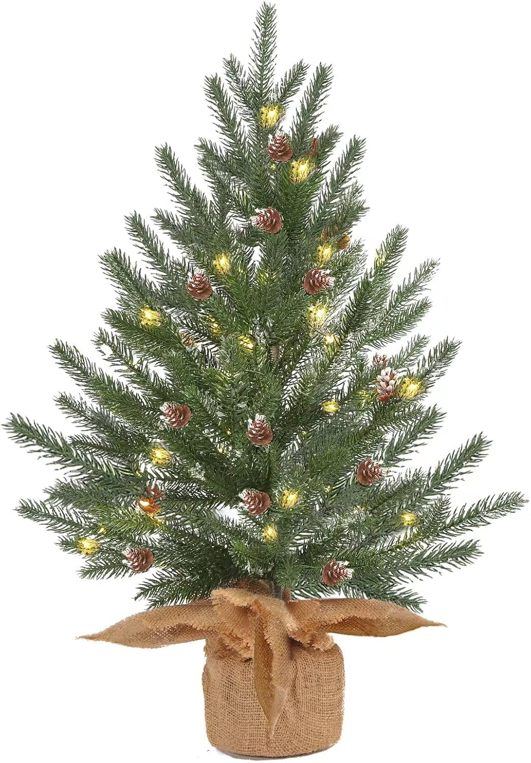Trees - Vofuly 2 Ft prelit Tabletop Mini Christmas Tree with 50 LED,Small Frosted Lighted Artificial Pine Tree with Burlap Base,Pinecone Decoration,2 FT Miniature Farmhouse Xmas Tree Decor for Farmhouse Door