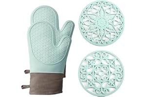 Domonic Home Oven Mitts and Pot Holders Sets, Silicone Heat Resistant 600F, Soft Lining Good Grip, Oven Gloves and Trivet Mats 4 Piece Set, Aqua Sky